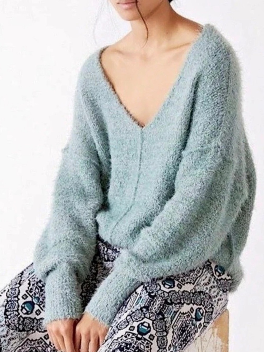 Free People Mint Green V-Neck Fuzzy Sweater